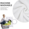 A woman is shown using a machine washable product in a laundry basket next to a washing machine.