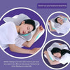 A woman is sleeping comfortably on a white memory foam pillow with neck support, demonstrating hands having a place to rest.