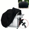 Black heavy-duty grill cover protecting a stainless steel BBQ grill.
