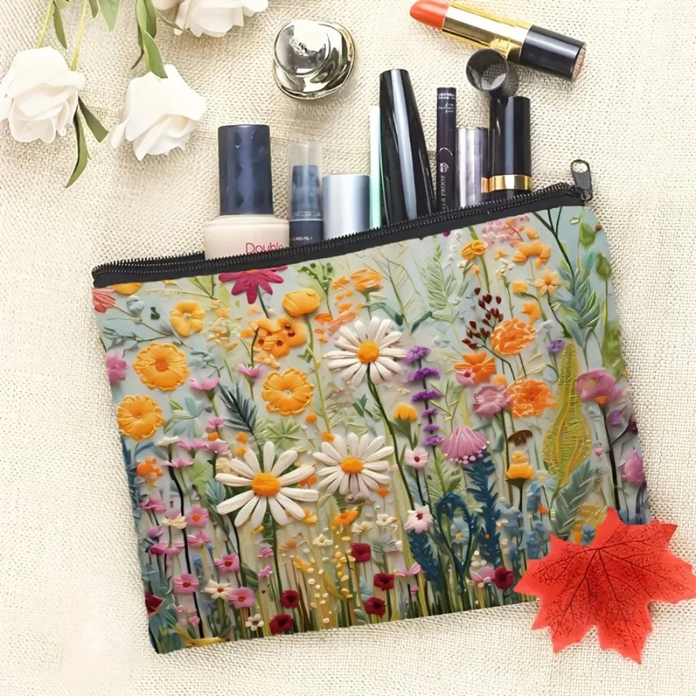 A floral canvas cosmetic bag with a zipper closure featuring various makeup and skincare products.