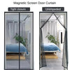 A comparison showing a tight closure and an unimpeded view of a magnetic screen door curtain.