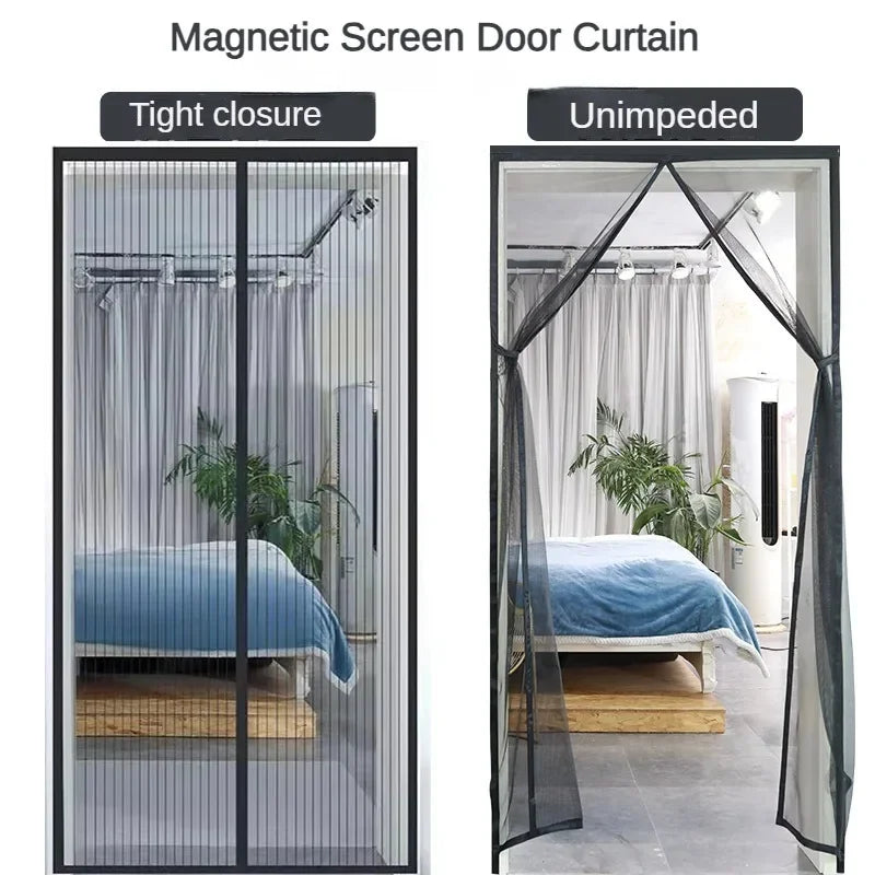 A comparison showing a tight closure and an unimpeded view of a magnetic screen door curtain.