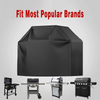 Black heavy-duty BBQ grill cover shown with various popular brands of grills below it.
