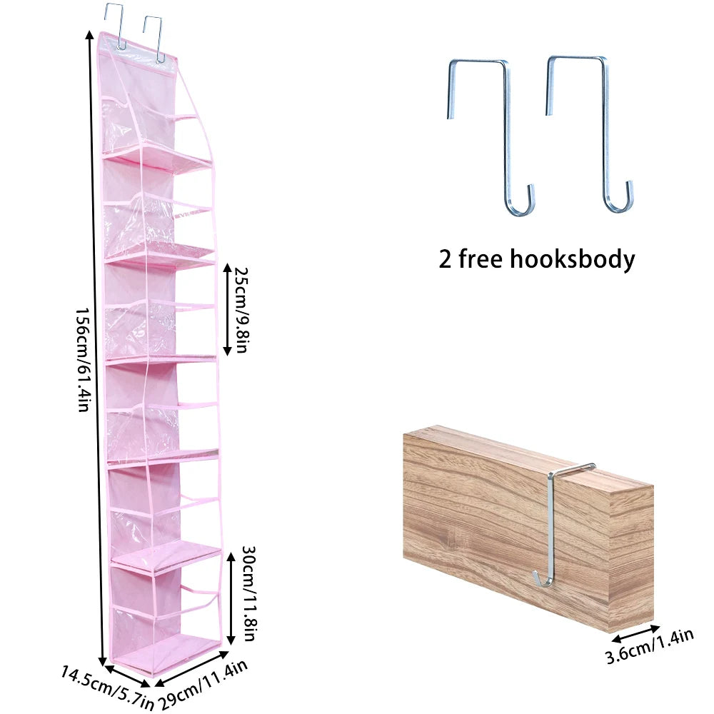 Pink foldable over-the-door storage organizer with two free hooks and wooden panel