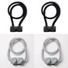 A set of four black magnetic curtain tiebacks and two silver magnetic curtain tiebacks shown in various looped configurations