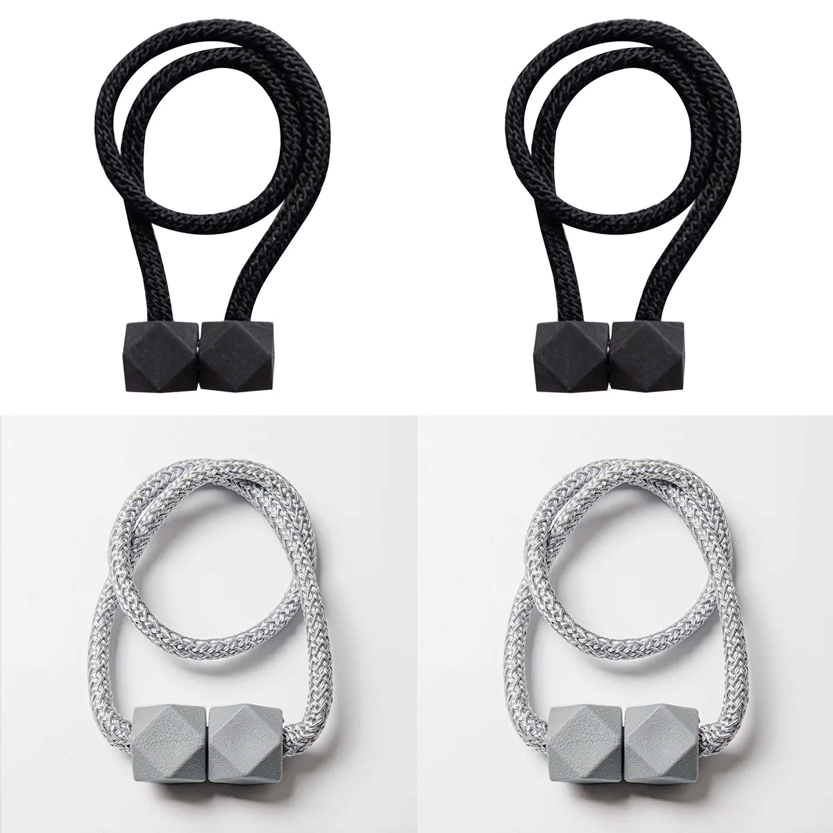 A set of four black magnetic curtain tiebacks and two silver magnetic curtain tiebacks shown in various looped configurations