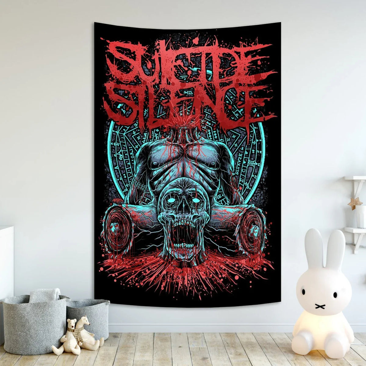 A dark tapestry featuring a red and black graphic of a skull with intense facial expression and surrounding text.