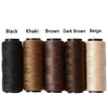 Five rolls of multi-color sewing threads in black, khaki, brown, dark brown, and beige.