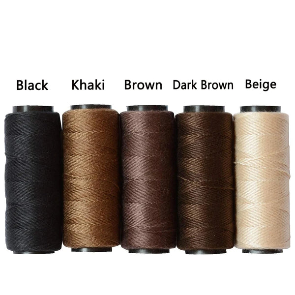 Five rolls of multi-color sewing threads in black, khaki, brown, dark brown, and beige.