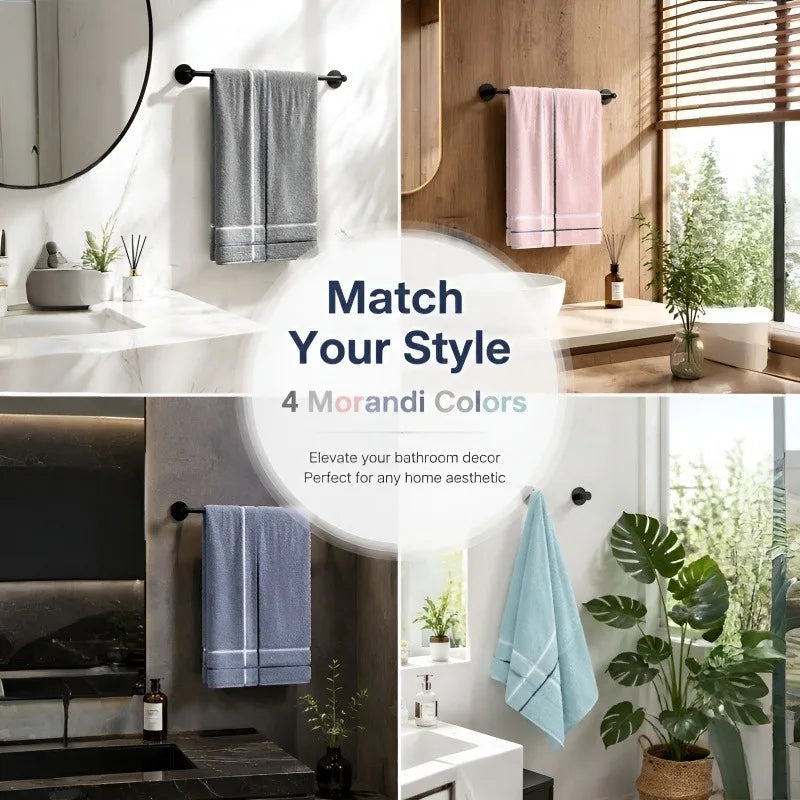 A collection of Morandi colored face towels displayed in various bathroom and home settings.