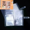 A clear plastic photo storage card album with a pink header and protective plastic sleeves.