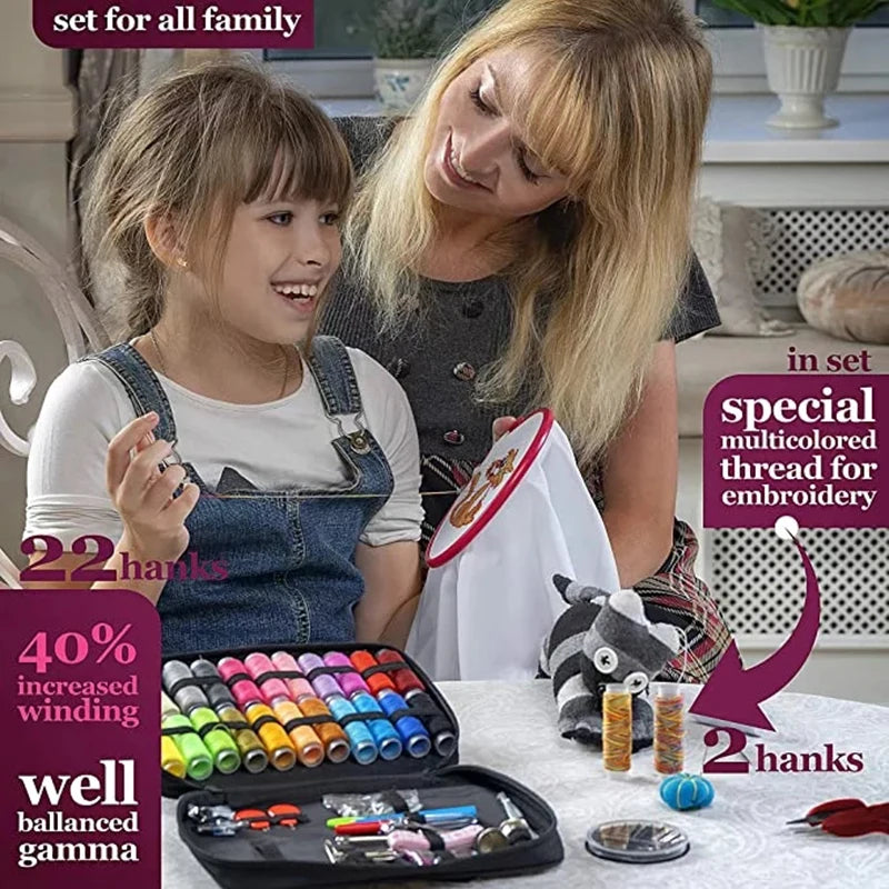 A set for all family including a multi-colored thread and various sewing tools for embroidery.