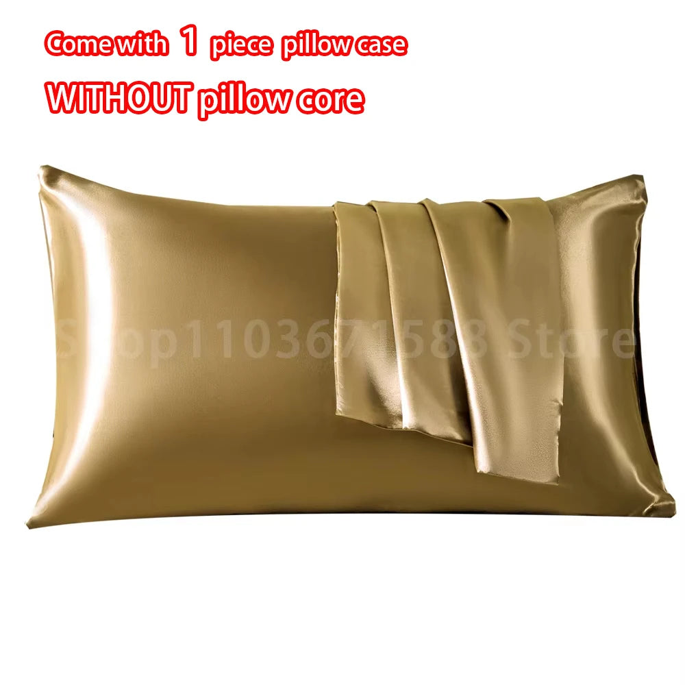 A golden satin pillowcase with an envelope closure, shown flat.