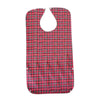 Red plaid waterproof mealtime bib with an adjustable neck and catch-all pocket