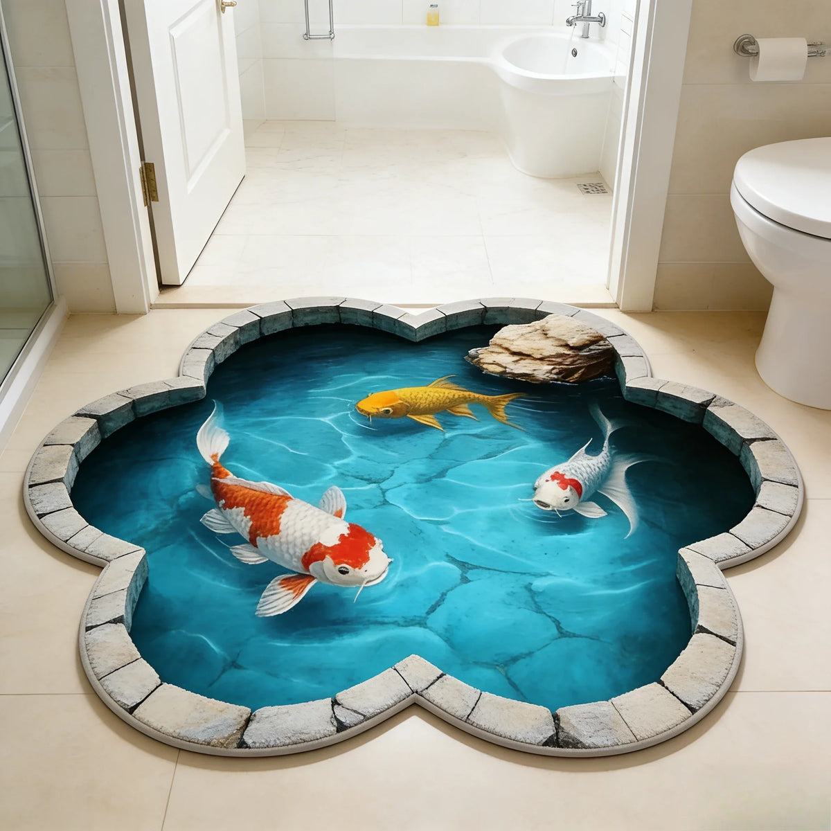 A round rug featuring a vibrant blue water design with orange and white koi fish and rocks.