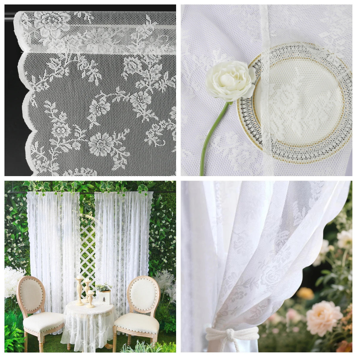 Close-up of vintage floral lace sheer curtains, including fabric details and a white rose flower.