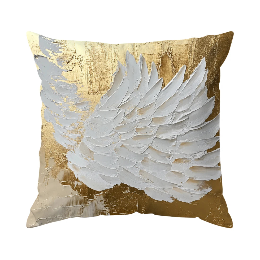 A decorative throw pillow cover featuring white, textured wings set against a golden background.