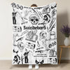 A white blanket featuring a retro punk style print with skulls, symbols, and text like Suicideboys and grey 59.