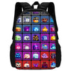 A black cartoon kids backpack set featuring various themed compartments and matching shoulder bag.