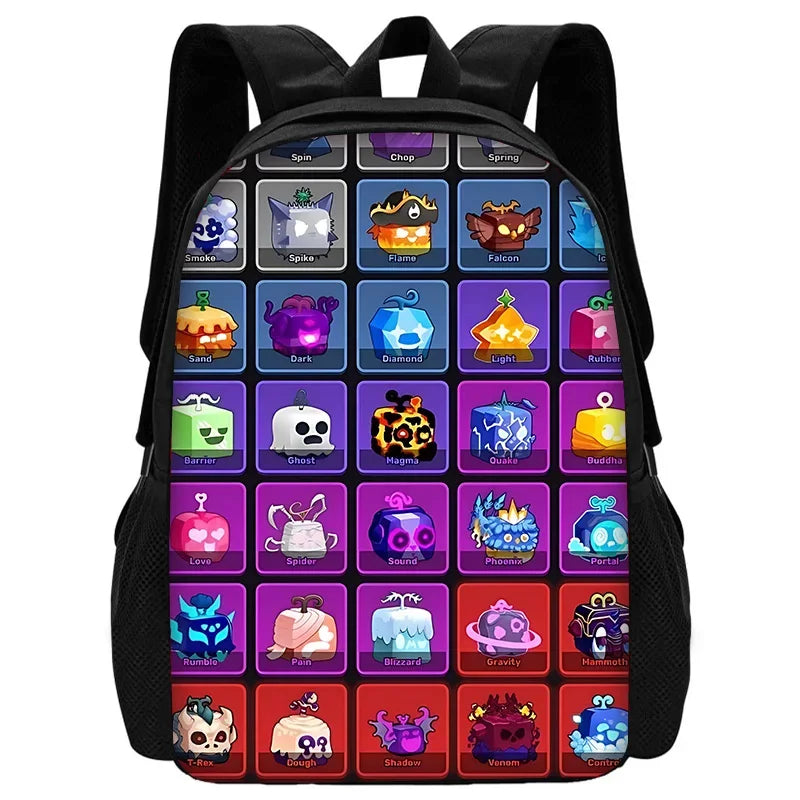 A black cartoon school backpack set featuring various themed compartments and a shoulder bag.