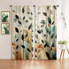 Light green and brown abstract leaf print curtains hanging in a window.