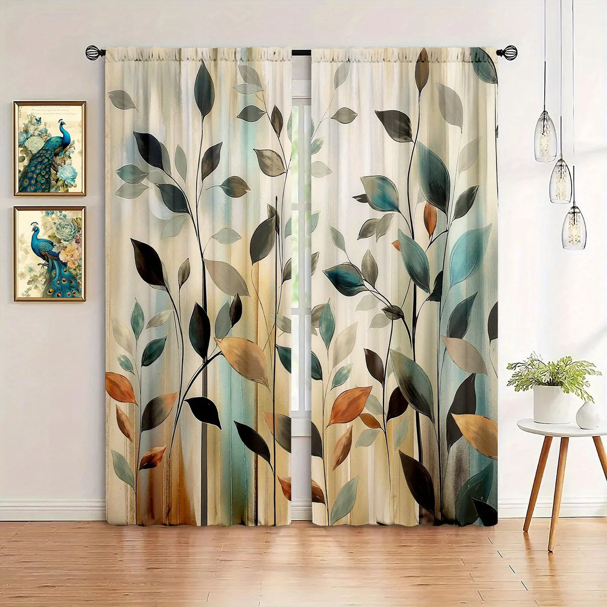 Light green and brown abstract leaf print curtains hanging in a window.