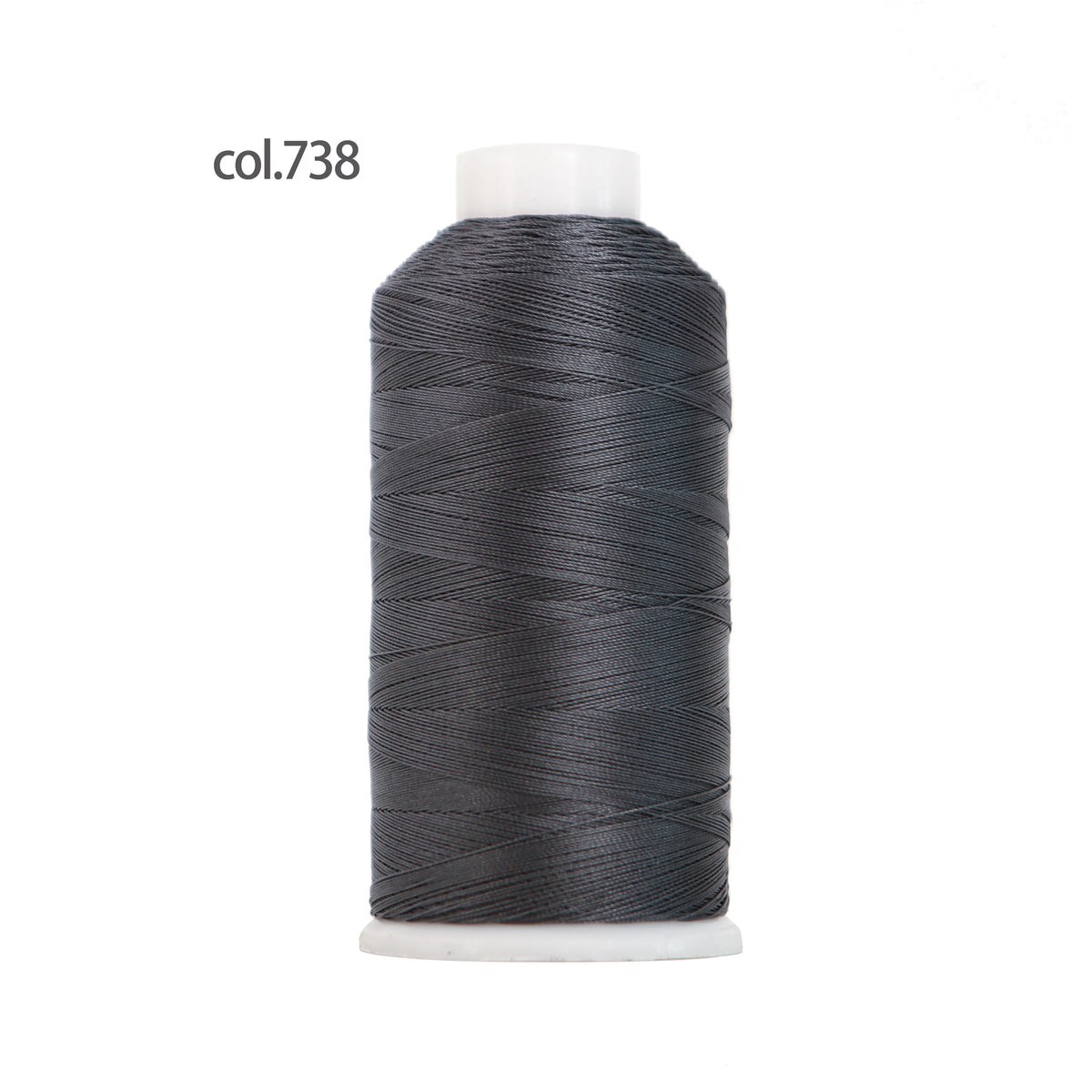 A spool of dark gray heavy duty nylon sewing thread labeled col.738.
