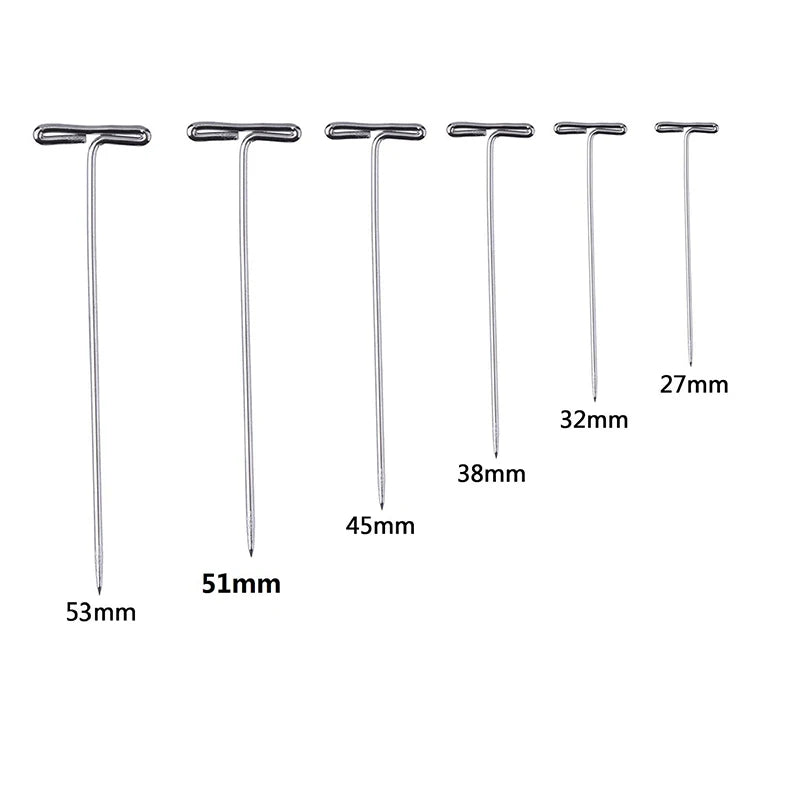 A set of stainless steel T-pins with varying lengths ranging from 27mm to 53mm for knitting blocking and sewing.