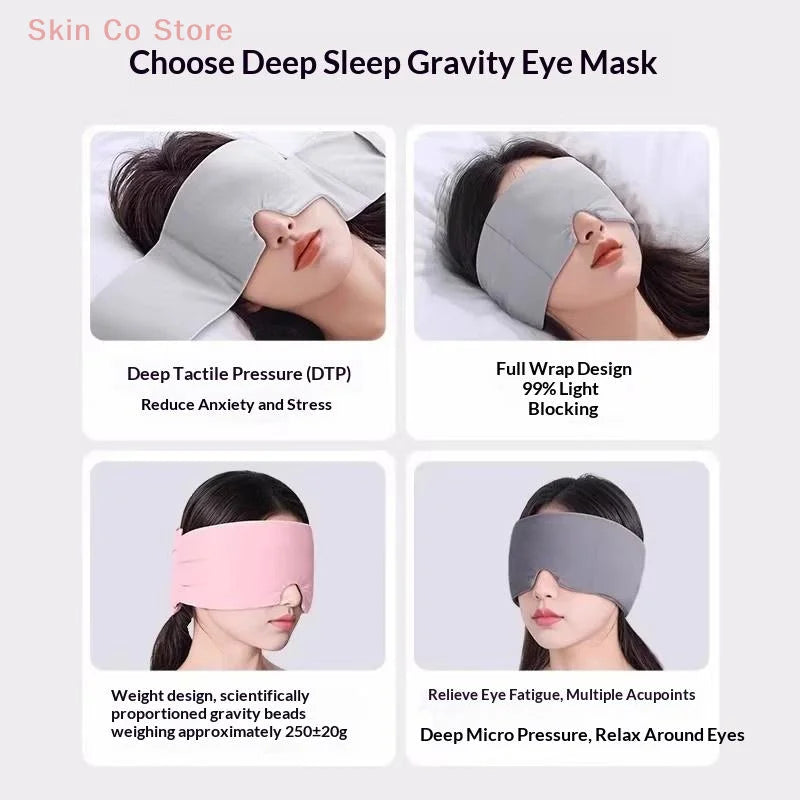 A set of gray and pink deep sleep gravity eye masks shown in various angles for reducing anxiety and eye fatigue.