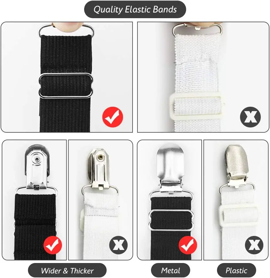 Comparison of quality elastic bands showing differences in thickness, material, and metal vs. plastic clips.