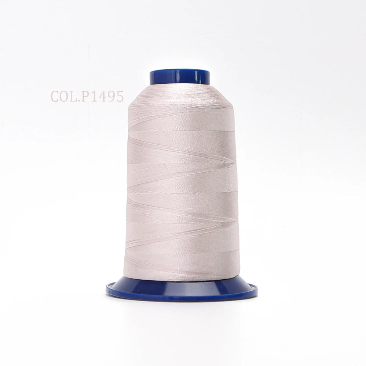 A spool of light pink high tenacity polyester embroidery thread with a blue core and cap.