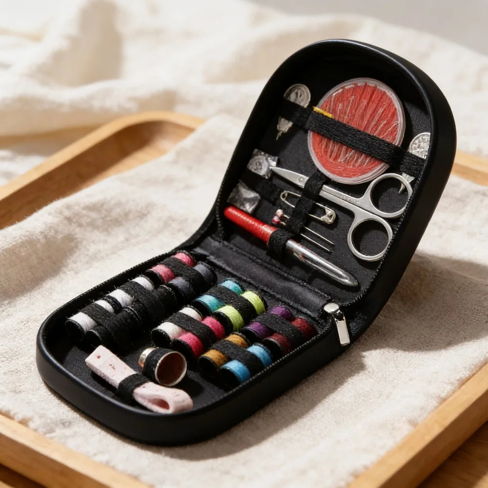 A black multi-functional sewing kit with various tools and thread spools is displayed on a wooden tray.