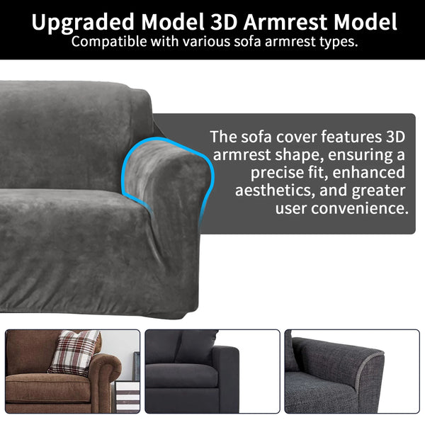 A 3D armrest model slipcover in gray stretch velvet for various sofa armrests.