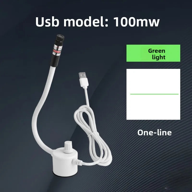 A white USB model 100mW laser light with a cord and connector is shown against a dark background.