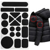 A sheet of self-adhesive fabric repair patches for down jackets and outerwear, showing various shapes for patching.