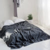 A dark gray linen flat sheet is draped on a bed, with white pillows and a potted plant in the background.