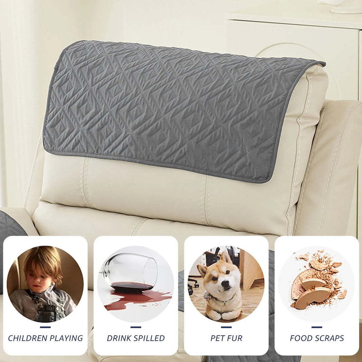 Three gray waterproof recliner headrest protector covers shown in use on a light-colored chair.