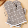 A pair of gray checkered heat-resistant kitchen oven gloves shown with dimension lines.