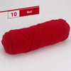 A skein of red yarn labeled number 10, used for knitting or crochet projects.
