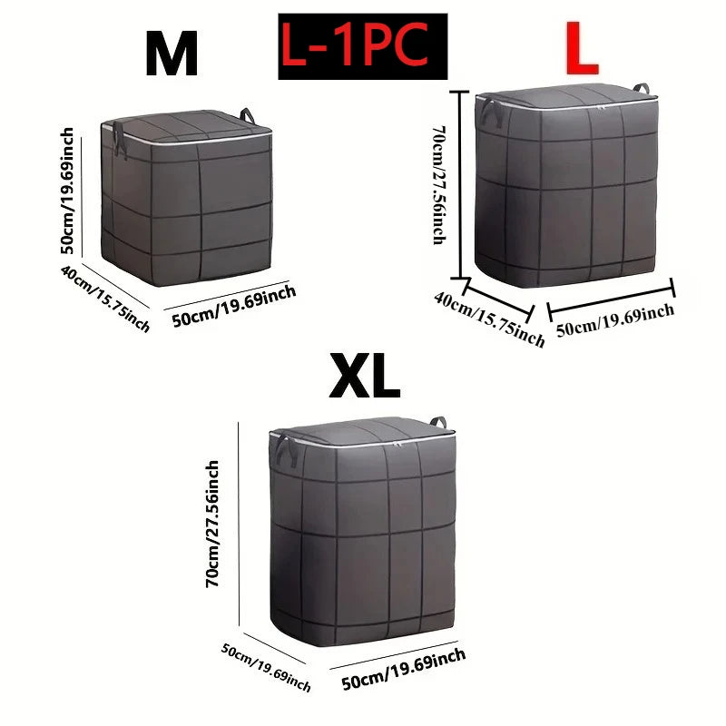 Various sizes of black fabric storage bags labeled M, L-1PC, and XL with dimensions provided.