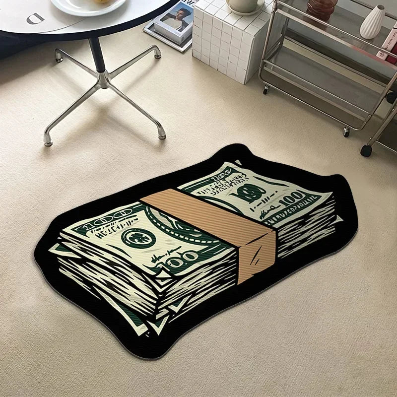 A black decorative rug featuring a stack of US hundred dollar bills.