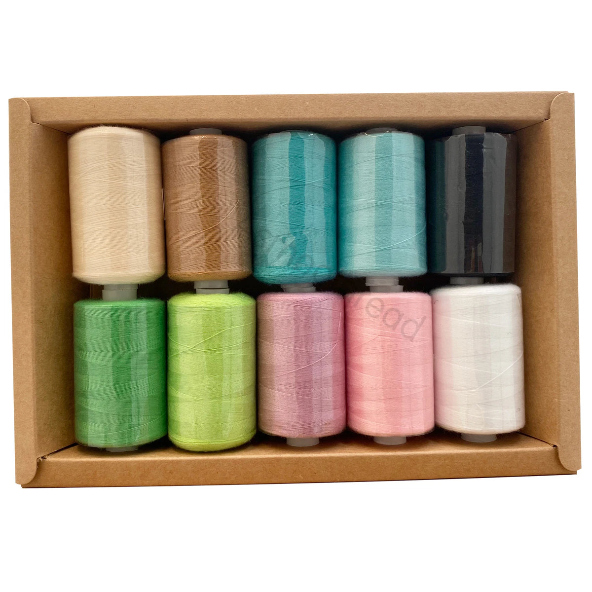 A box containing ten colorful polyester sewing thread spools in various shades of green, pink, and gray.