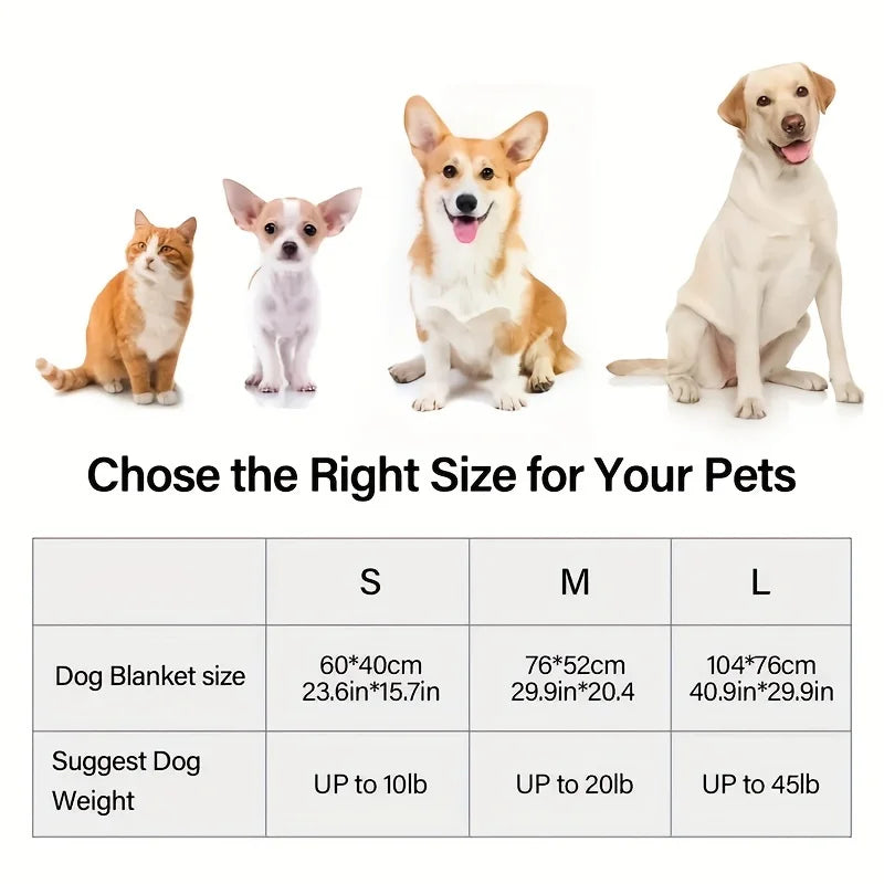 A comparison chart showing sizes and weight limits for dog blankets for small, medium, and large pets.
