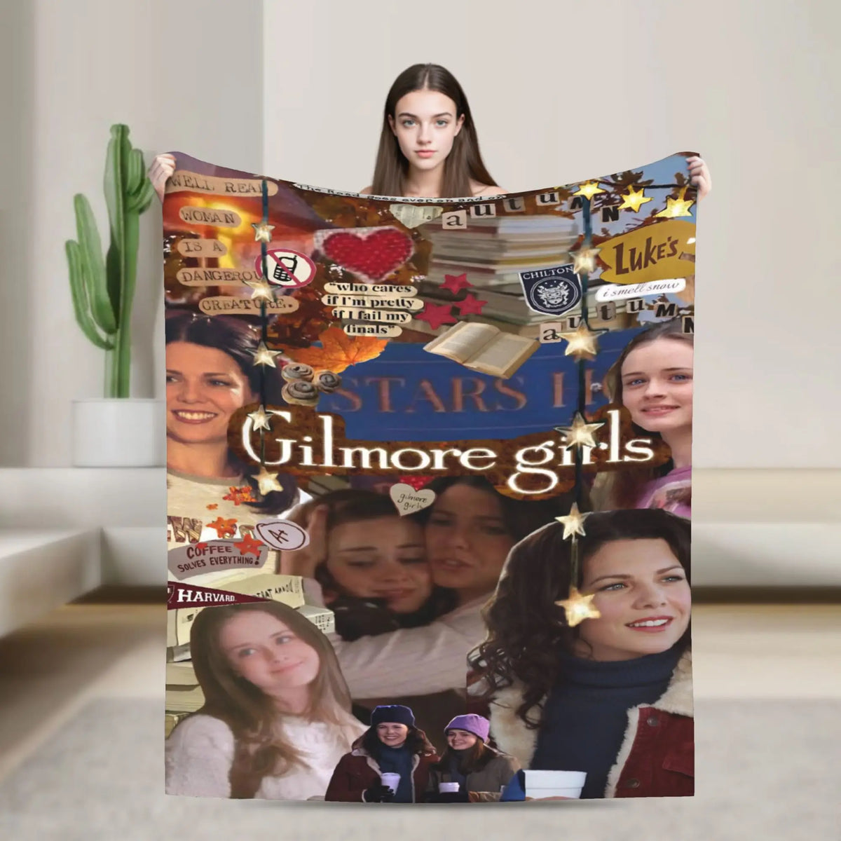 A colorful blanket featuring various young women and stars, suitable for winter comfort.