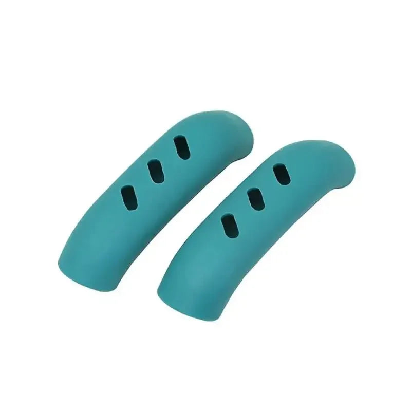 A pair of teal silicone pan handle covers designed to protect heat resistant pot handles.