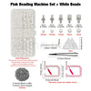 Pink beading machine set with white beads, including various sized beads and a tool kit.