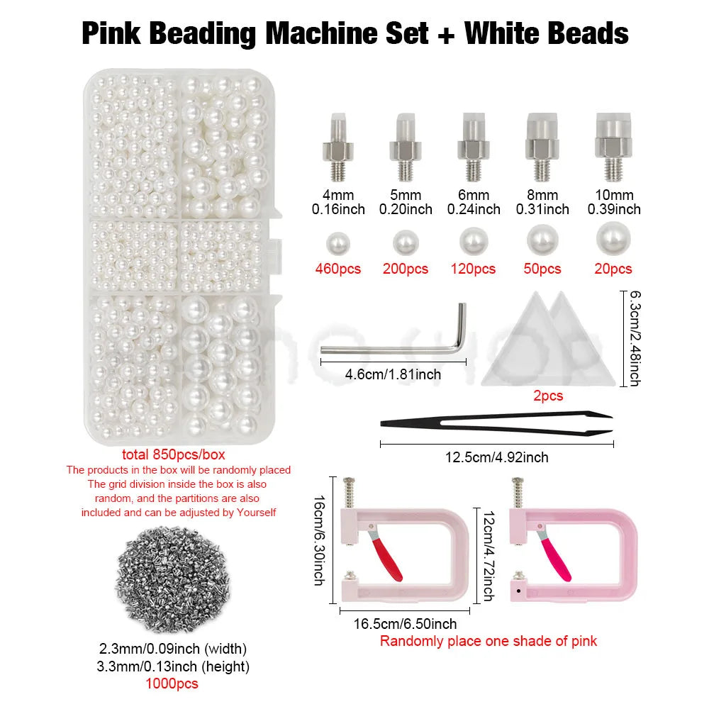 Pink beading machine set with white beads, including various sized beads and a tool kit.