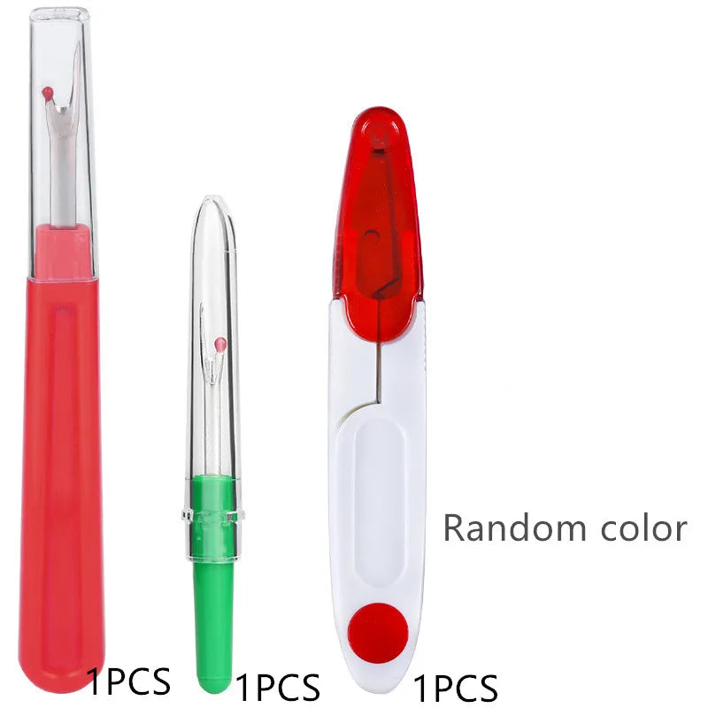 A set of colorful seam ripper and thread cutter tools shown in various colors and configurations.