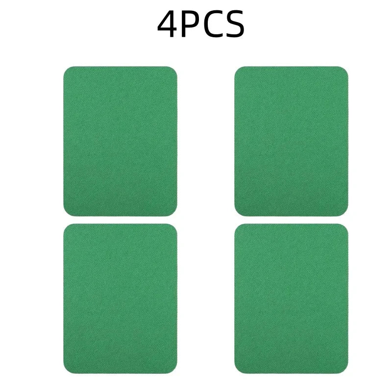 Four green iron-on fabric repair patches are displayed side by side.