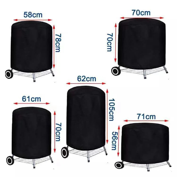 Black heavy duty round grill cover with various sizes shown for different grills.